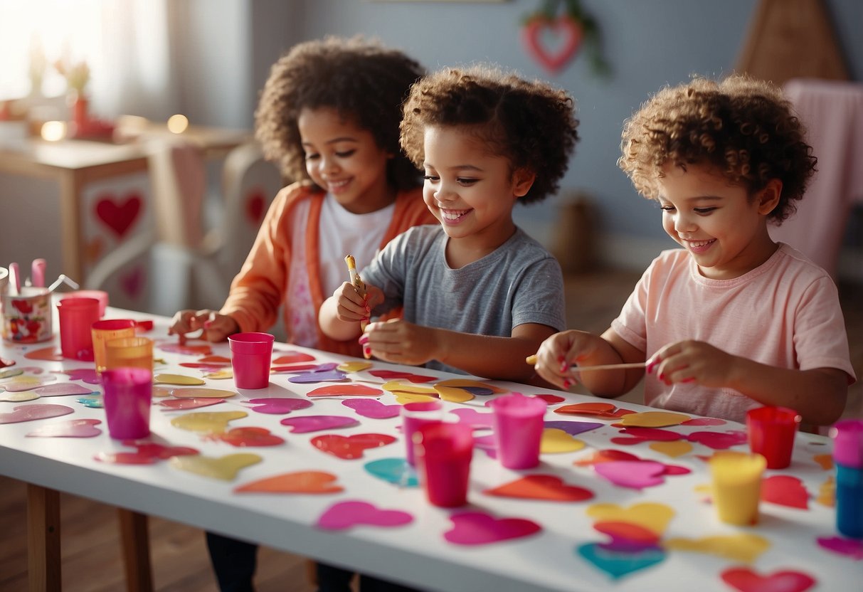 Toddlers painting heart-shaped cards with bright colors and glitter for Valentine's Day. They are using various art supplies and smiling with excitement