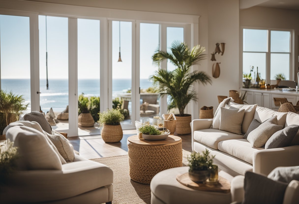 A cozy coastal living room with natural light, a mix of soft and warm lighting, and a relaxed, laidback atmosphere. Coastal decor, comfortable seating, and a view of the ocean