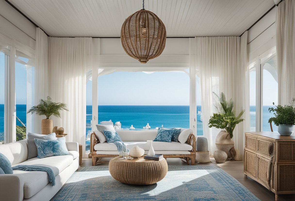 A living room with coastal decor: white walls, blue accents, rattan furniture, seashell and driftwood decorations, nautical artwork, and a large window with sheer curtains overlooking the ocean