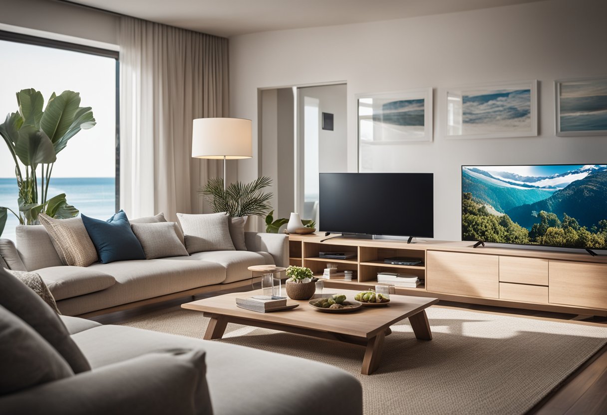 A coastal living room with modern technology, like a smart TV and sound system, surrounded by relaxed beach decor and comfortable seating