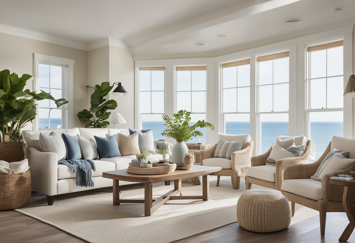 A cozy coastal living room with light, airy decor. Large windows let in natural light, and the room features comfortable seating and nautical accents