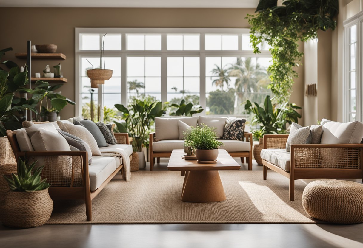 A cozy coastal living room with natural materials, earthy colors, and sustainable furniture. Large windows let in natural light, and potted plants add a touch of greenery