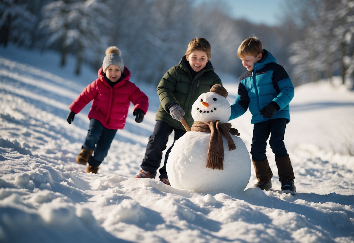 Children building a snowman, while others have a snowball fight. A family is seen sledding down a hill, and a couple is walking their dog through the snowy landscape