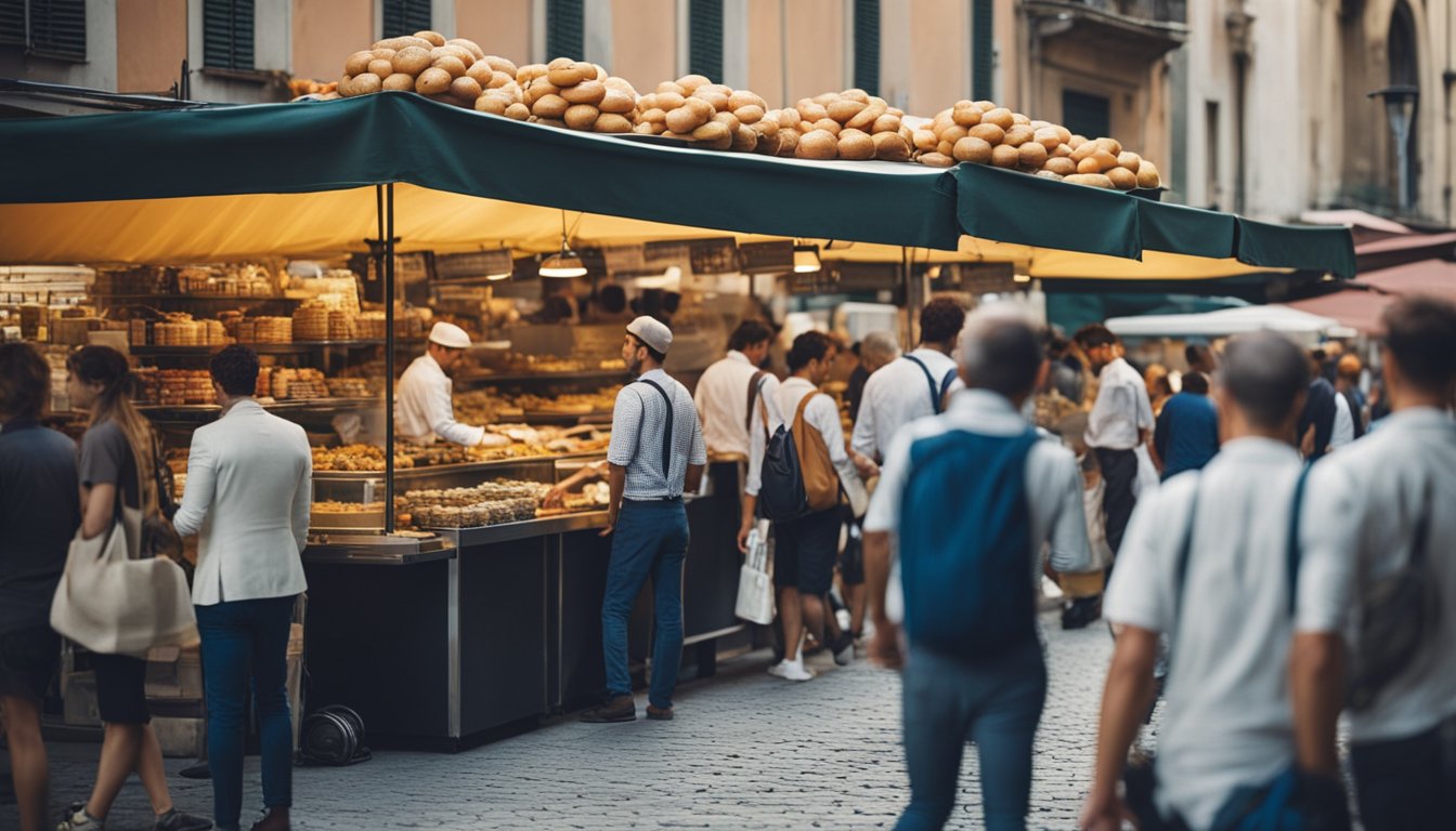 A bustling Milanese street filled with food vendors and eager customers sampling contemporary takes on classic fare