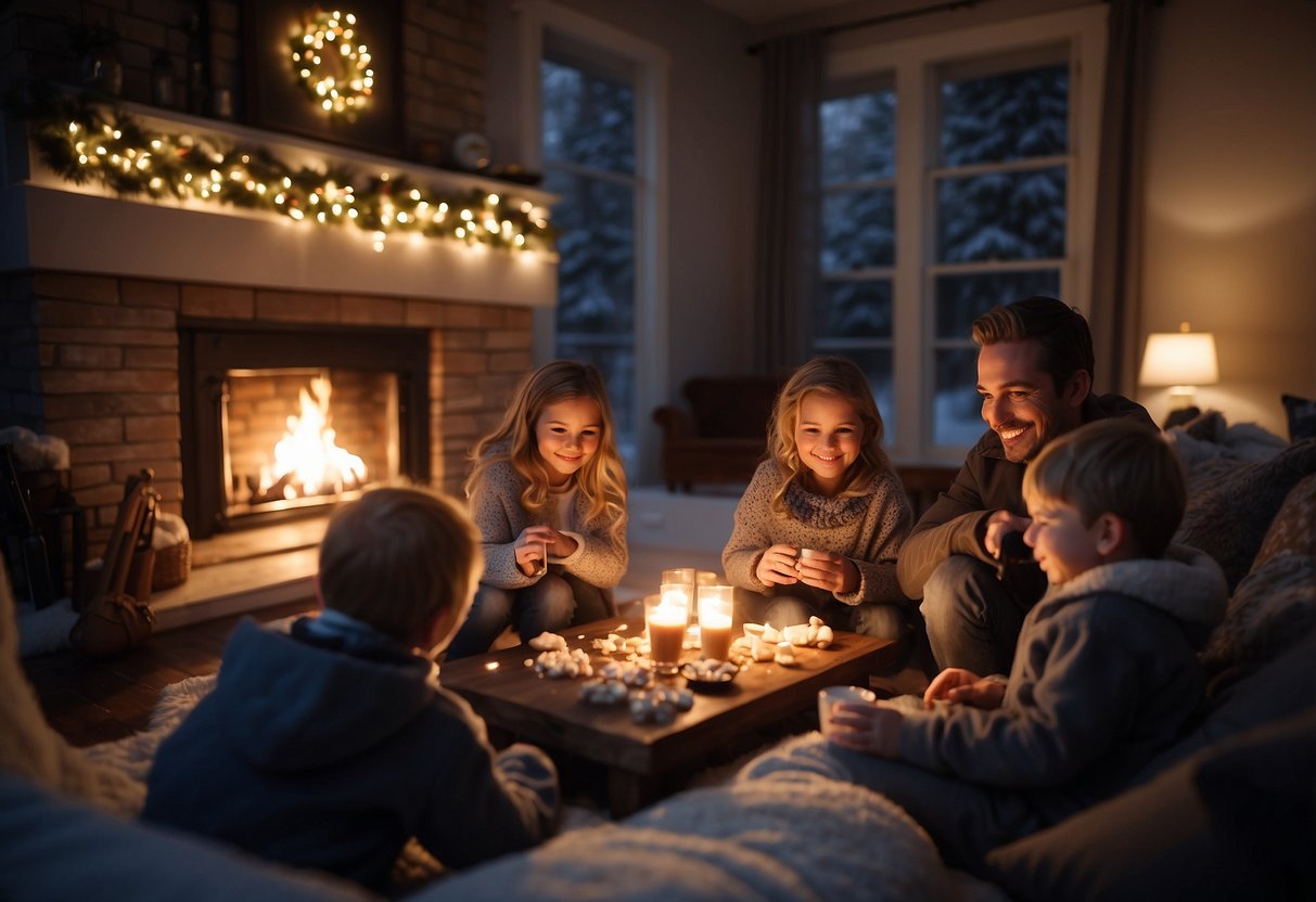 Families gather around a cozy fireplace, playing board games and sipping hot cocoa while the snow falls outside