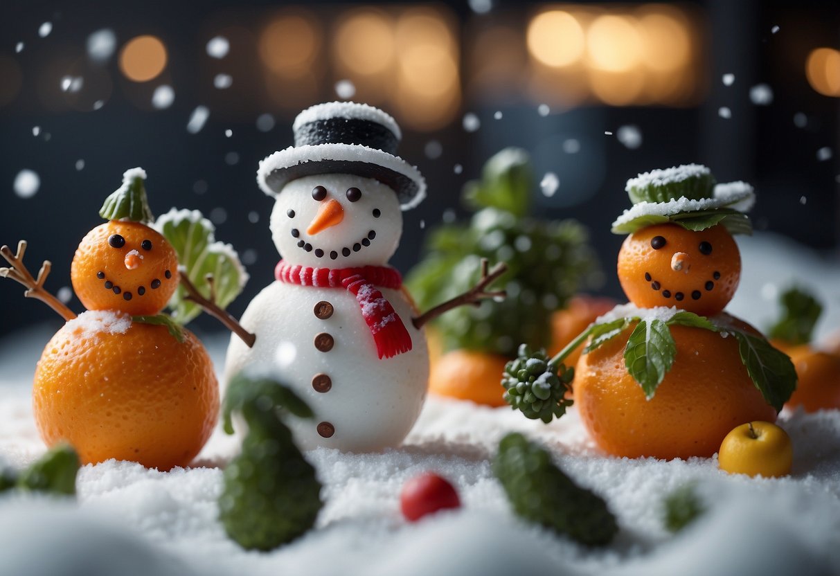 People making snowmen out of fruits and vegetables, having a snowball fight with food, and building a fort out of giant food boxes