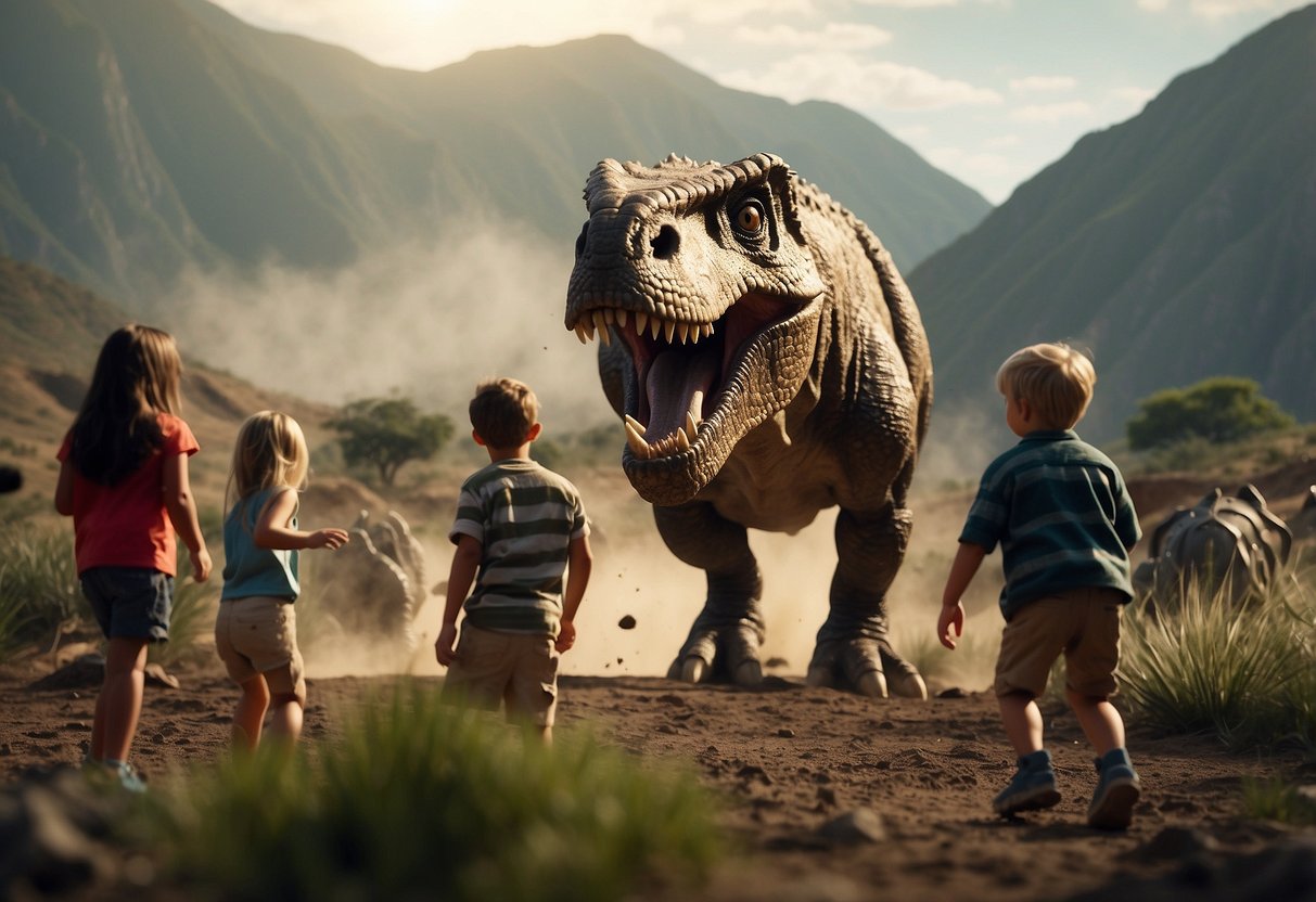 A group of children watch as a T-Rex chases a herd of Triceratops through a prehistoric landscape, while others dig for fossils and play dinosaur-themed games