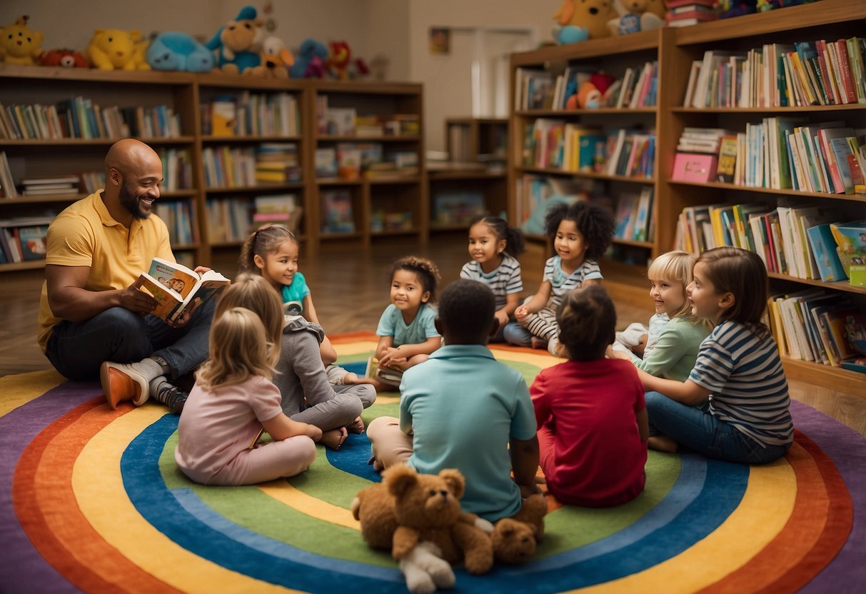 Children sit in a circle on a colorful rug, surrounded by shelves of books. A teacher holds up a picture book, while others wear pajamas and clutch stuffed animals