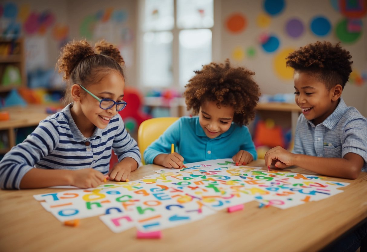 Children happily engage in name activities, using colorful letters, markers, and paper. A teacher guides them as they spell out their names and create art