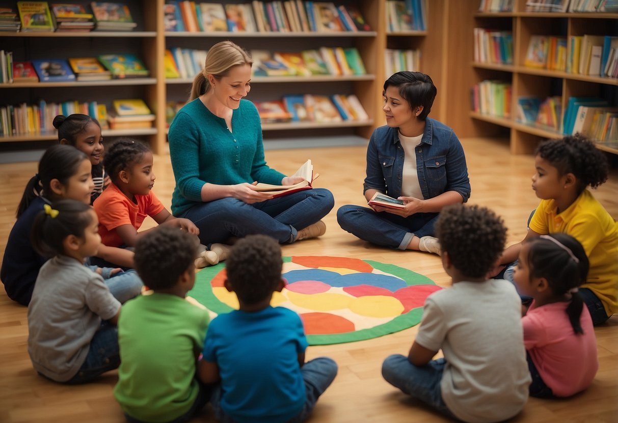 Children sit in a circle, surrounded by books and colorful learning materials. A teacher leads a storytelling session, engaging the children in interactive literacy activities