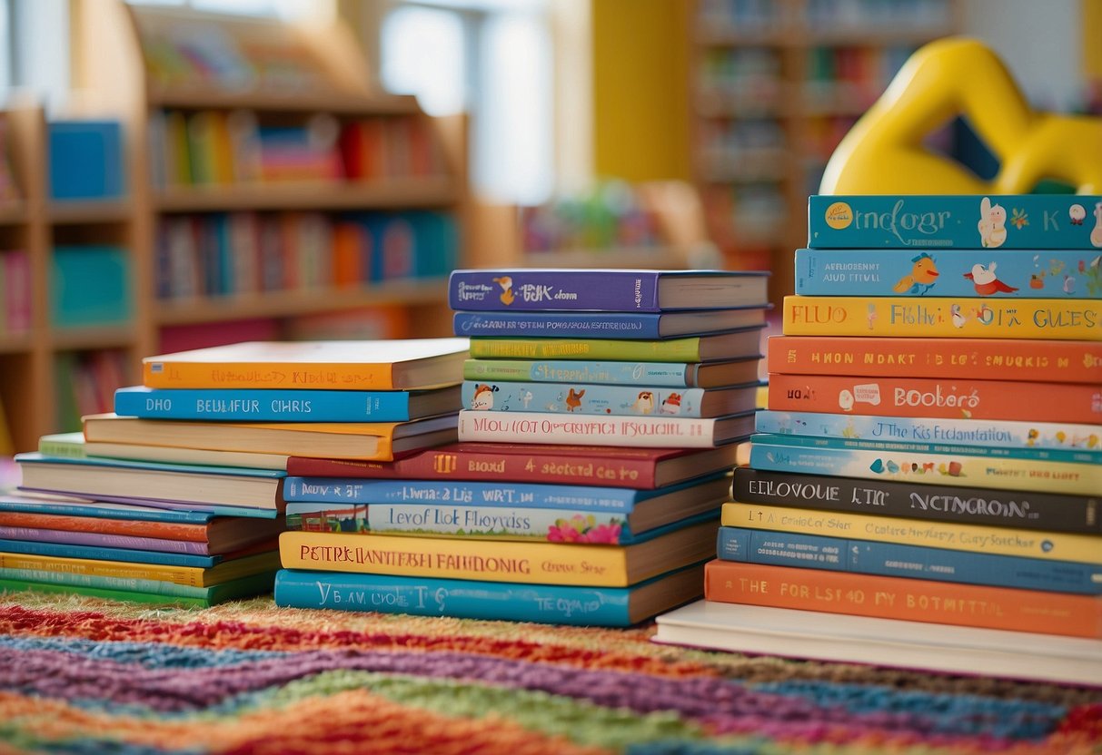 Children's books and writing materials arranged on a colorful rug in a bright, organized classroom with shelves of books and educational posters on the walls