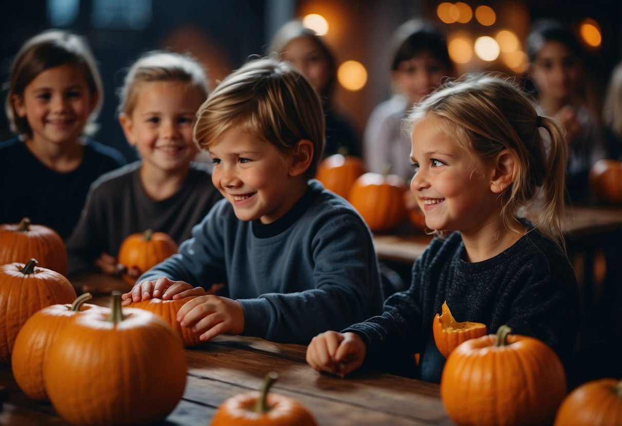 Children carving pumpkins, bobbing for apples, and playing spooky games at a Halloween party