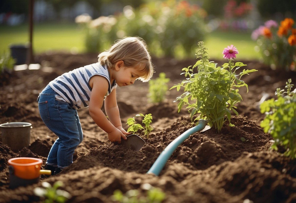 Children digging, planting, and watering in a garden. Piles of dirt, shovels, and small plants scattered around. Sun shining, birds chirping