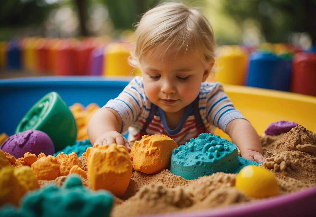 Children explore a variety of textures and materials, such as sand, water, and playdough, in a colorful and inviting sensory play area