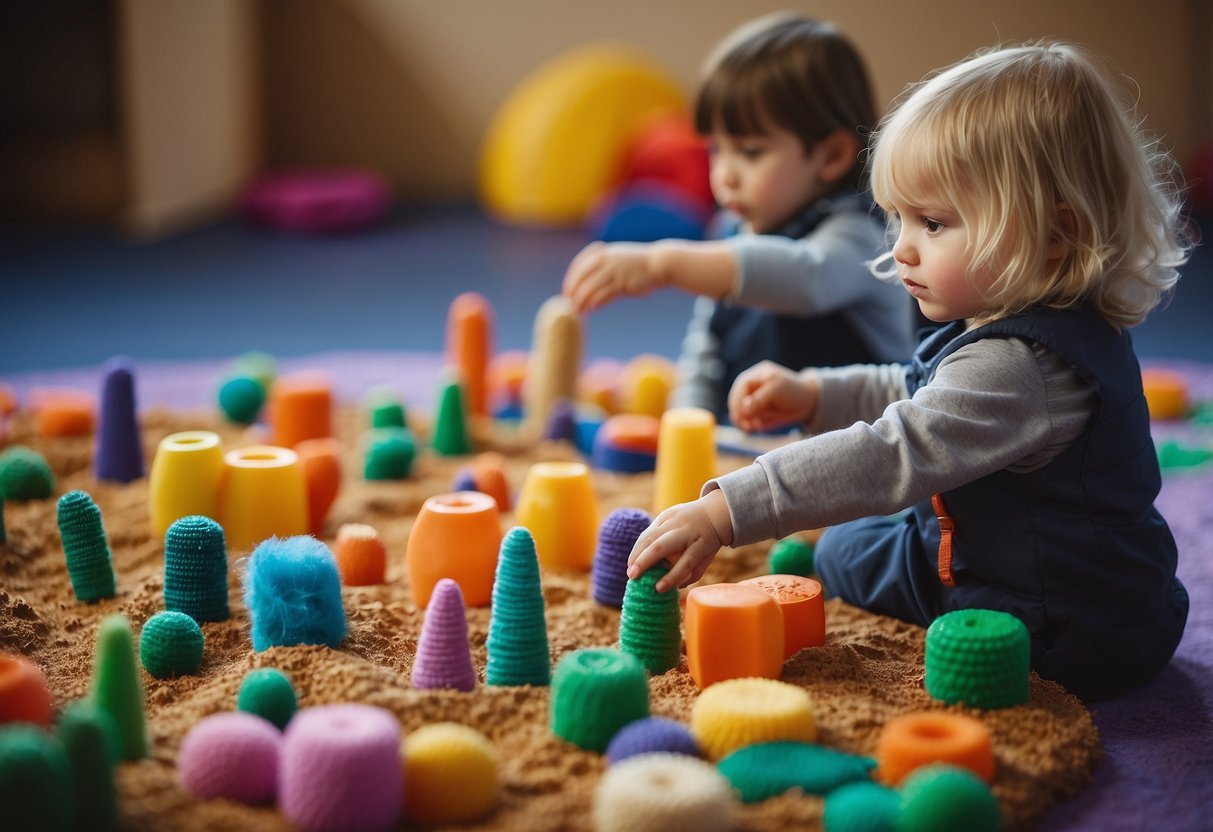 Children exploring various textures, colors, and shapes in a sensory play area, engaging in hands-on learning activities