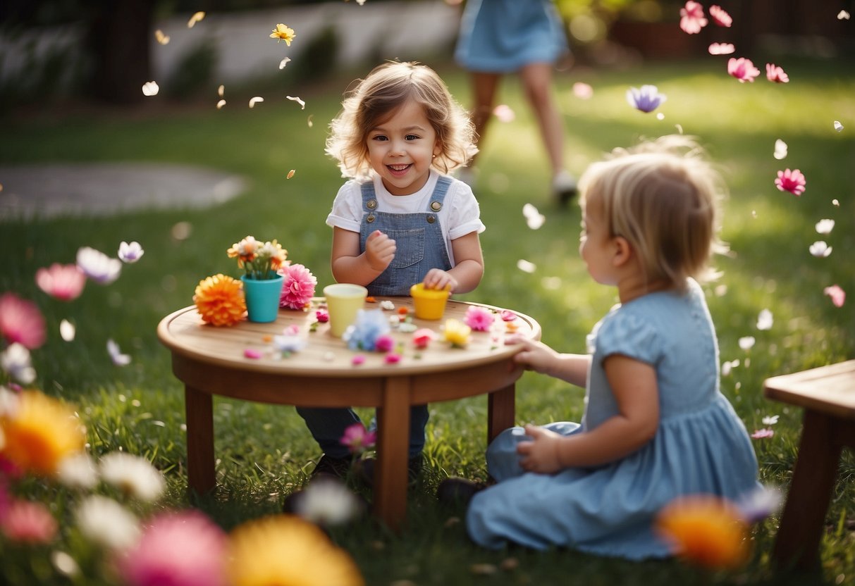 Children play in a garden, tossing flower petals and dancing joyfully. A small table is set with colorful crafts for them to create