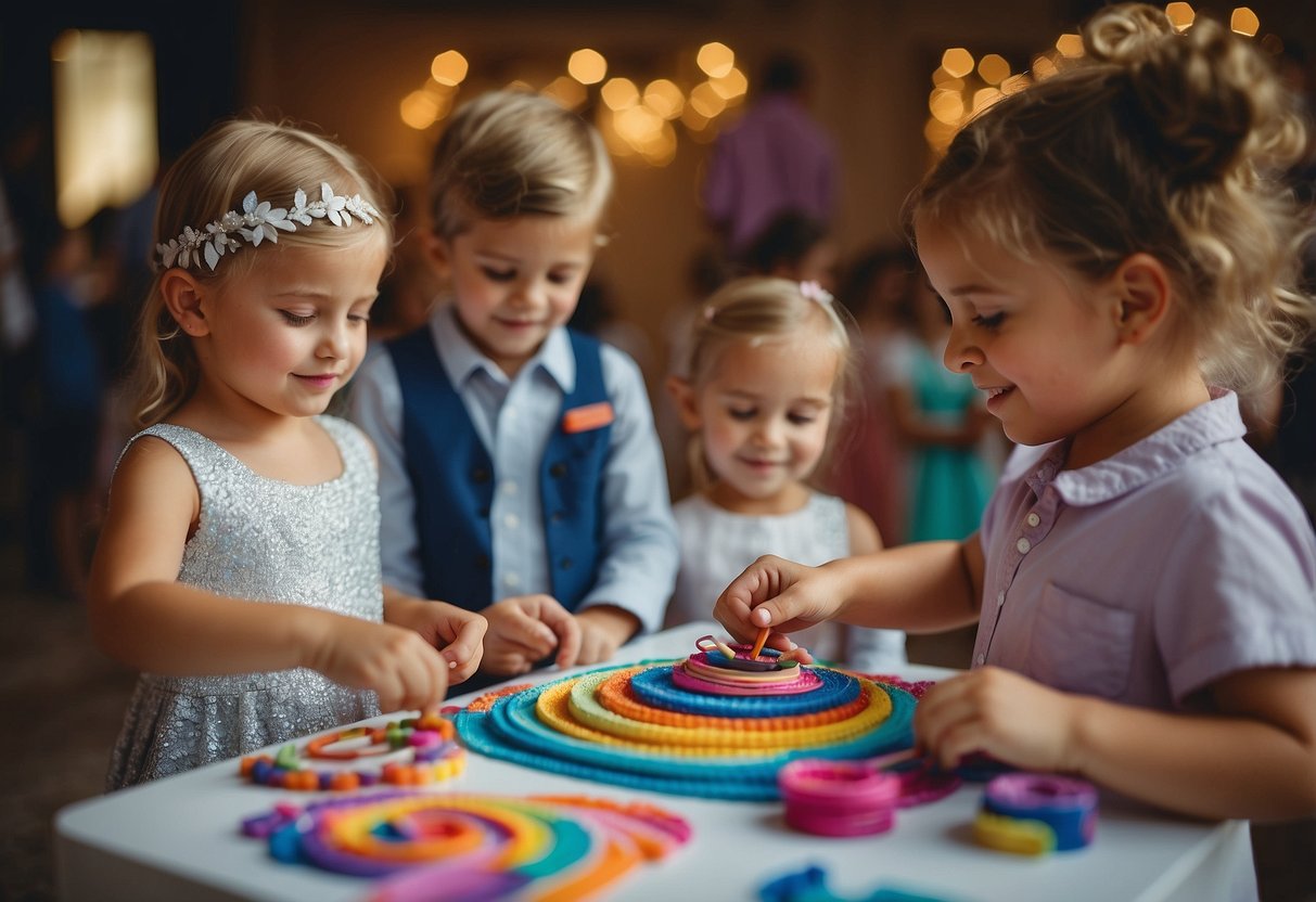 Children crafting and coloring at wedding-themed stations in a colorful, playful setting