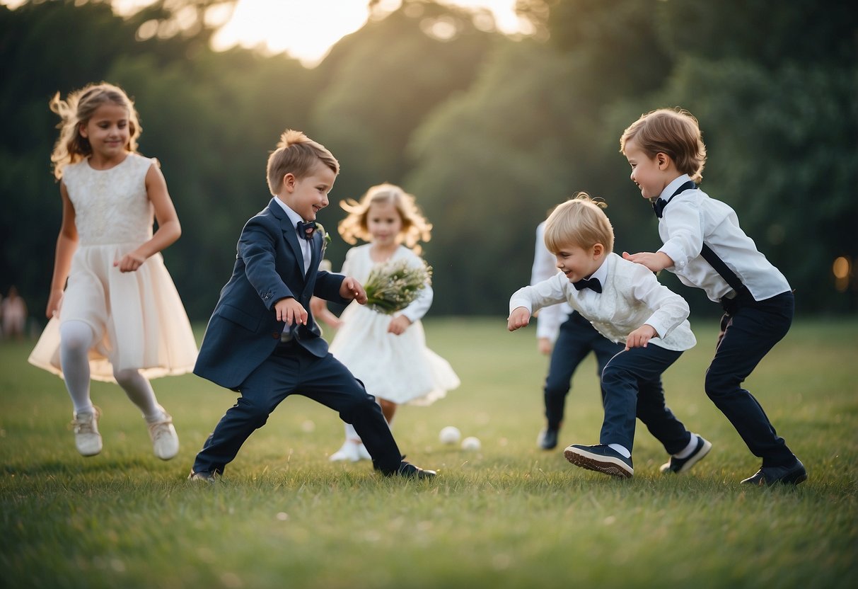 Children playing games and engaging in physical activities at a wedding