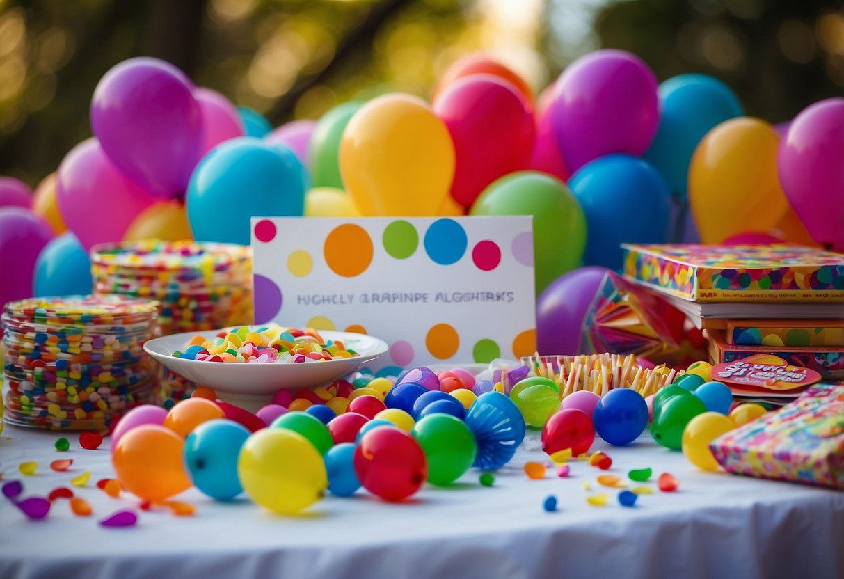 Colorful balloons, confetti, and party favors scattered on a table. A sign reads "Kids Wedding Activities" with a stack of activity books and crayons nearby