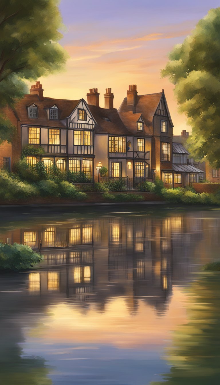 The sun setting over the tranquil river, casting a warm glow on the historic buildings and lush greenery of Weybridge