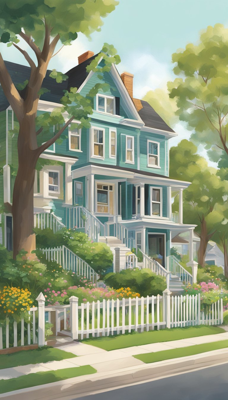 A peaceful suburban street with well-maintained homes, lush green gardens, and friendly neighbors chatting over picket fences