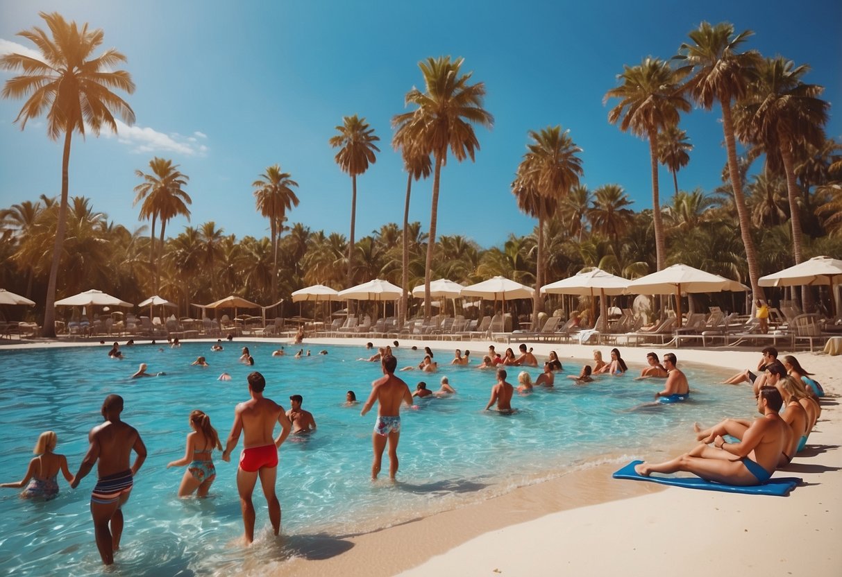 People swimming, sunbathing, and playing beach volleyball on a sandy shore with palm trees and a bright blue sky