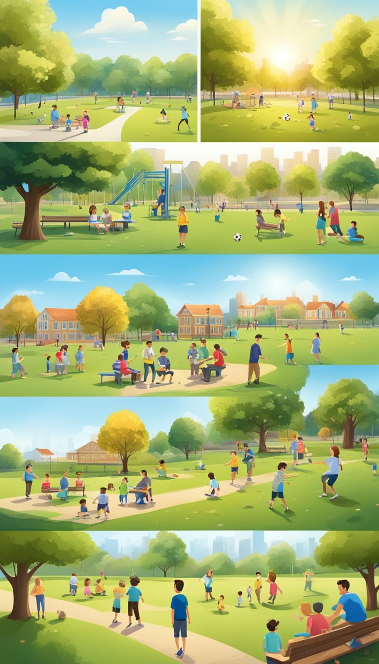 Families enjoying a sunny day at the local park, children playing on the playground, adults chatting on benches, and a group playing a friendly game of soccer on the grassy field