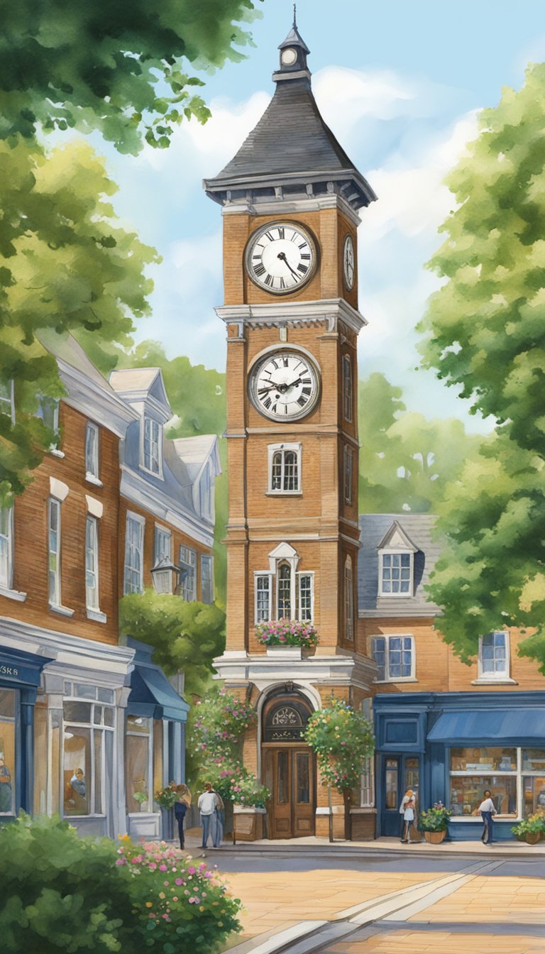 The Weybridge town clock stands tall, symbolizing its historical significance. Lush greenery and charming architecture surround the bustling town center