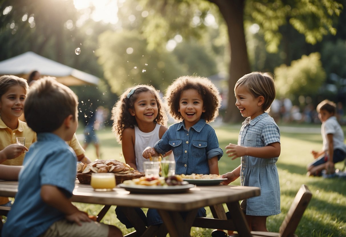 A picnic in the park with a family playing games, children running through a sprinkler, and friends chatting at a barbecue