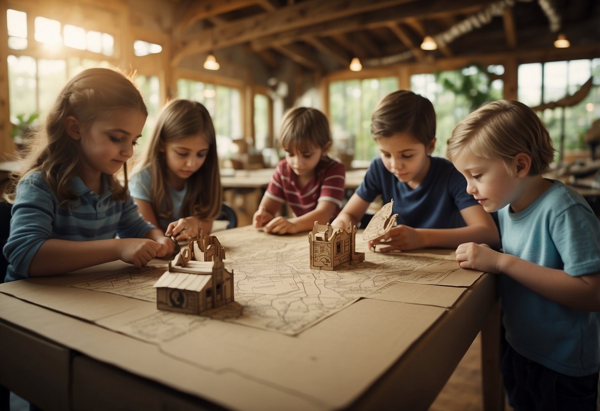 Kids gather around a table, drawing treasure maps and making pirate hats. A makeshift ship is being constructed out of cardboard boxes in the background