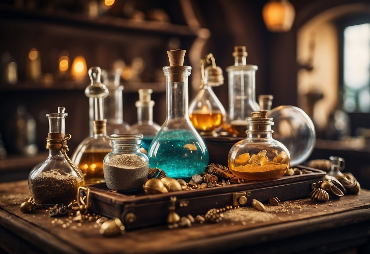 Pirate-themed science lab with bubbling potions, treasure map exploration, and sensory stations with sand, shells, and hidden treasures