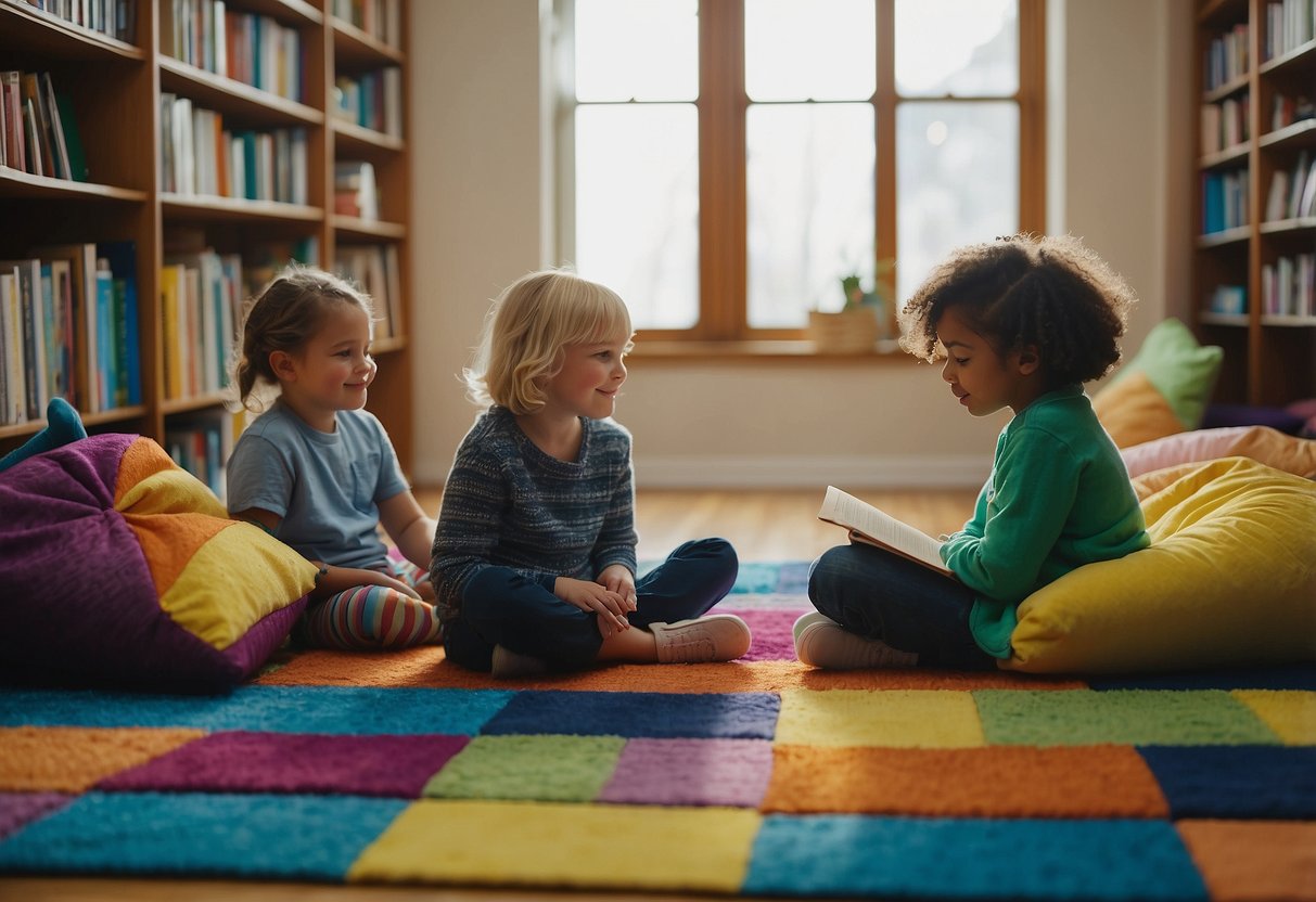 Kids sit on a colorful rug, surrounded by books. Some are reading quietly, while others listen to a story being read aloud. A cozy reading nook with bean bags and stuffed animals completes the scene