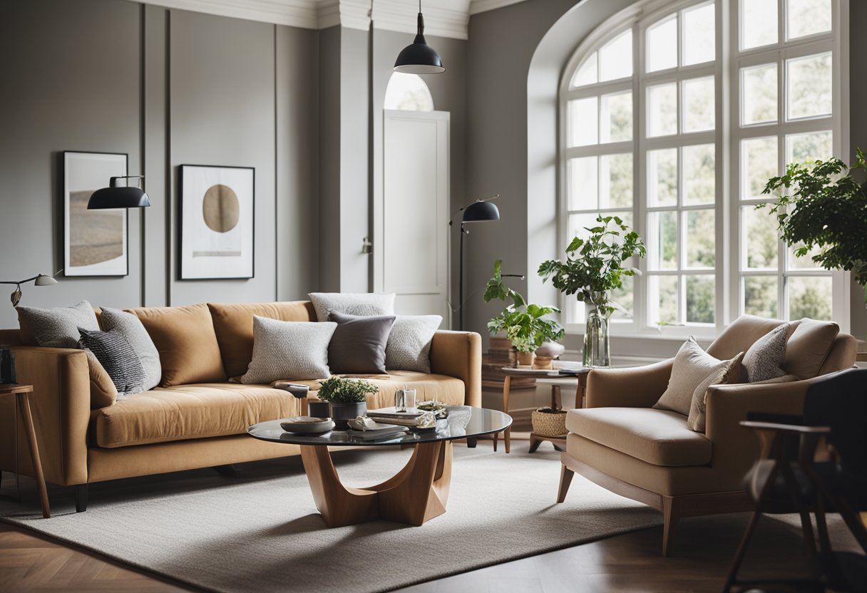 A cozy living room with a spacious layout, featuring a comfortable sofa and armchairs arranged around a stylish coffee table. The room is well-lit with natural light streaming in from large windows