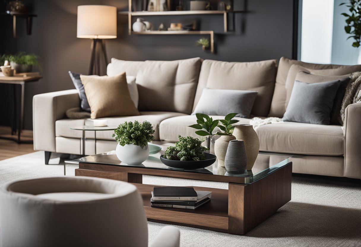 A cozy living room with a variety of coffee table shapes and styles. A modern glass table, a rustic wooden table, and a sleek metal table are arranged with stylish decor