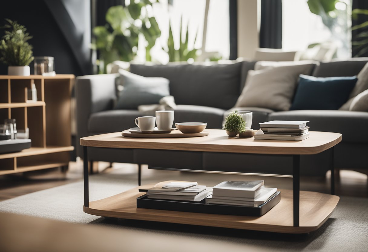 A person is carefully examining various materials and functionalities of coffee tables in a well-lit living room, aiming to select the perfect one