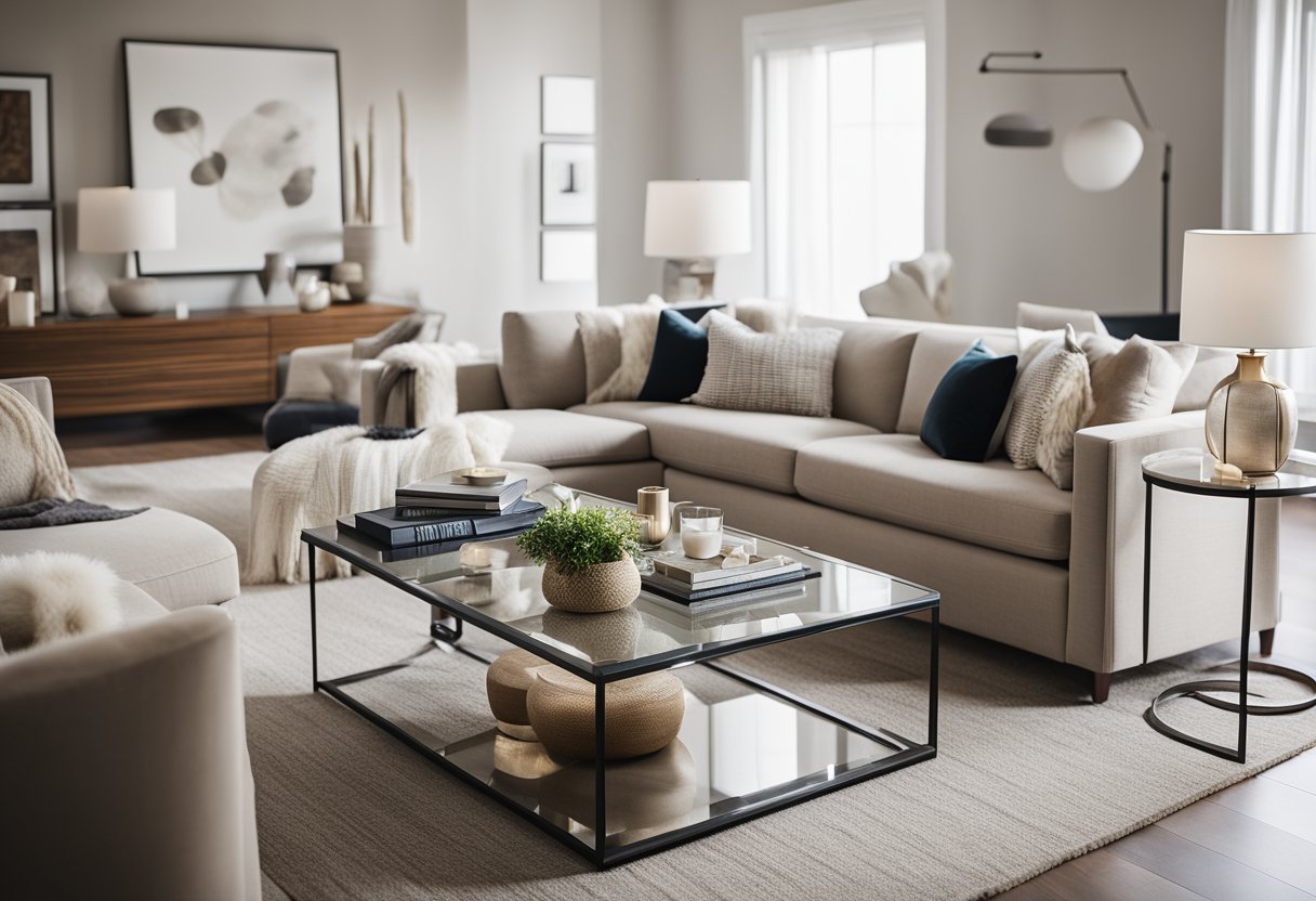 A cozy living room with a neutral color palette, a plush sofa, and a large area rug. A sleek, modern coffee table with clean lines and a glass top sits in the center, adorned with a few carefully curated decor items