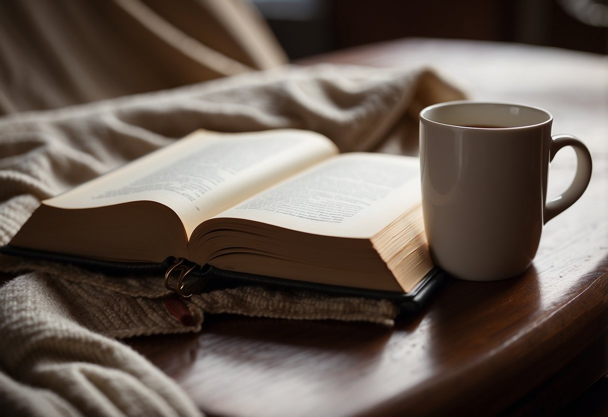 A book lies open on a table, surrounded by scattered papers and a pen. A cozy chair sits nearby, with a warm blanket draped over the armrest. A steaming cup of tea rests on a nearby coaster