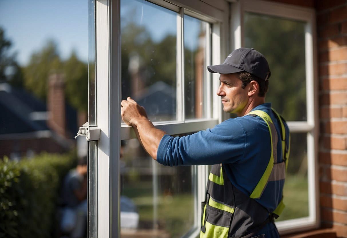 A worker installs double glazing in a Beverly home, removing old windows and fitting new ones