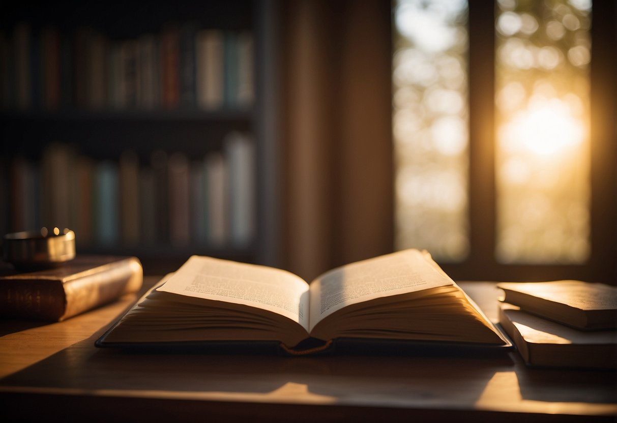 A cozy reading nook with a book, journal, and pen. A soft, warm light illuminates the space, inviting reflection and creativity