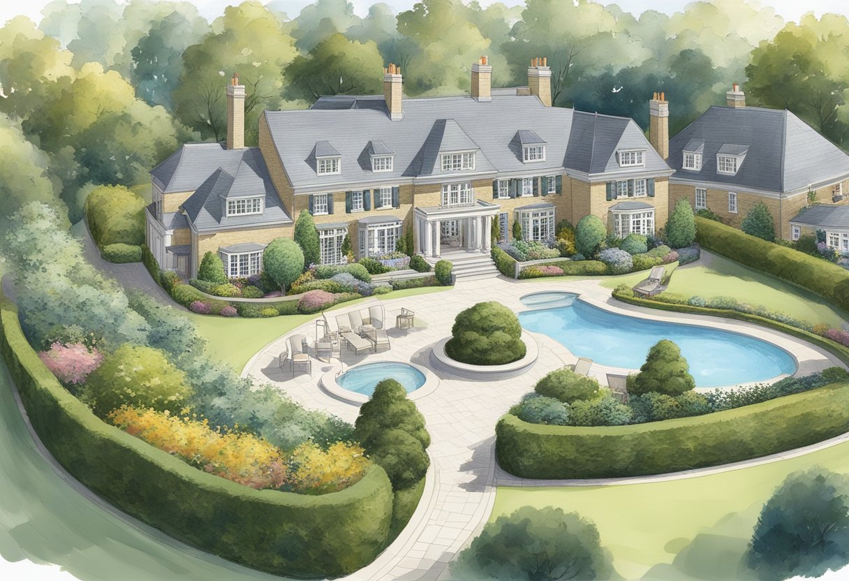 The scene depicts a luxurious neighborhood in Esher, with elegant homes, landscaped gardens, and upscale amenities such as swimming pools, tennis courts, and concierge services