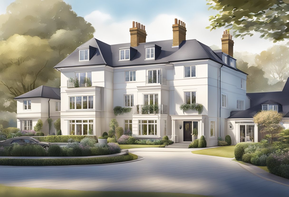 A luxurious Esher lifestyle scene with elegant homes and modern amenities