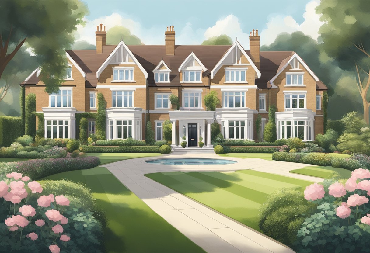 A row of opulent homes in Esher, surrounded by lush greenery and manicured lawns, with modern amenities and luxurious features