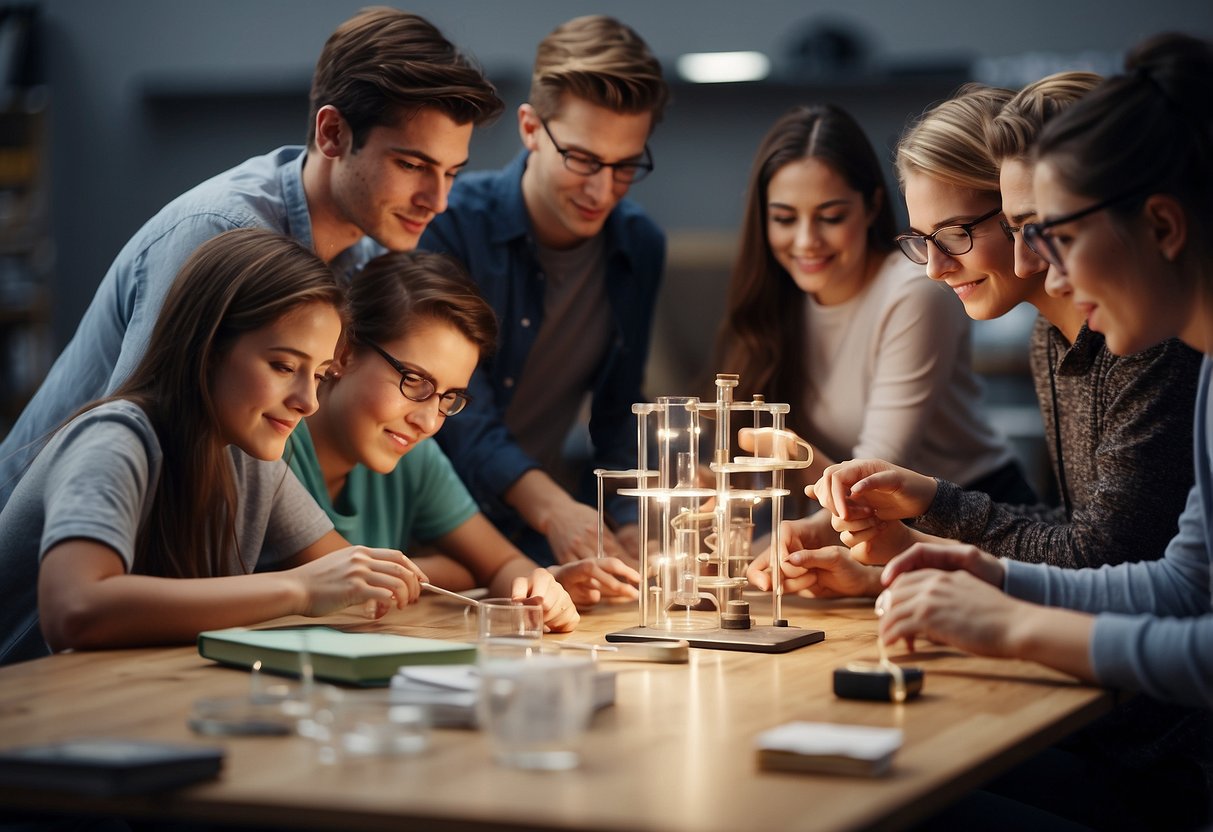 A group of students engage in hands-on experiments and discussions, applying knowledge gained from the book. Materials and tools are scattered on the table