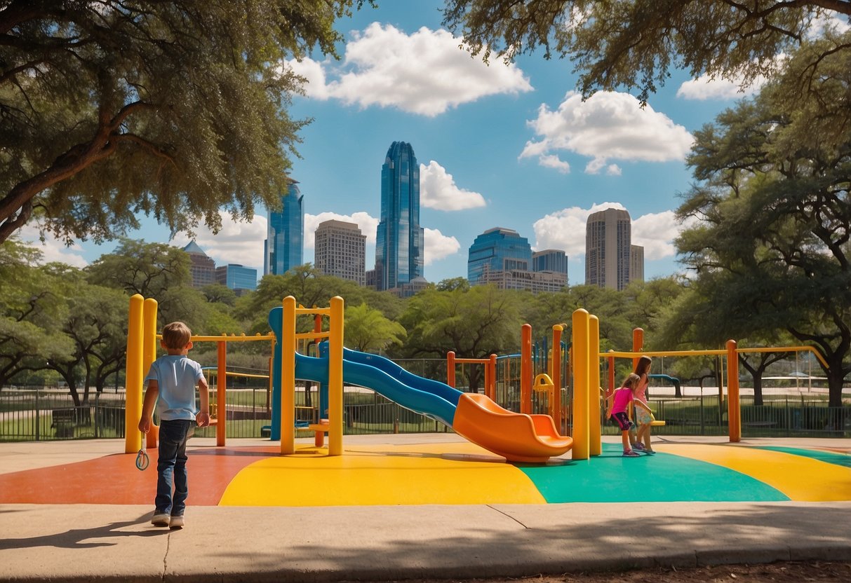 Children playing in a colorful outdoor playground with a backdrop of the iconic Austin skyline and the vibrant greenery of Zilker Park