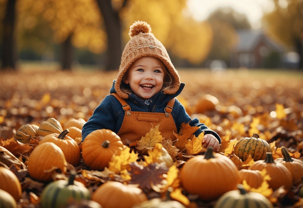 Children playing in a pile of colorful leaves, tossing them in the air and laughing. A scarecrow stands in a nearby pumpkin patch, while squirrels gather acorns under the golden trees