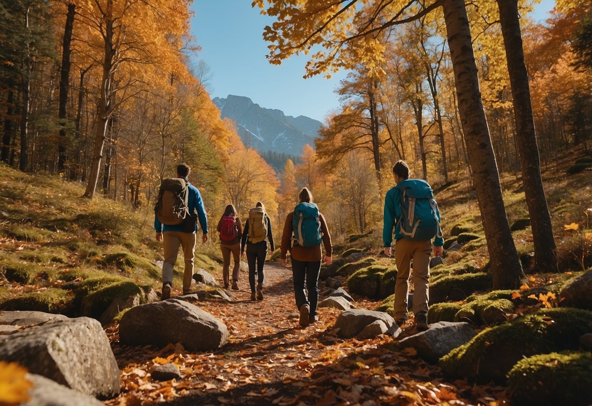 A group of hikers trek through a colorful forest, with fallen leaves crunching underfoot. A stream flows nearby, and in the distance, a mountain peak is visible against the clear blue sky