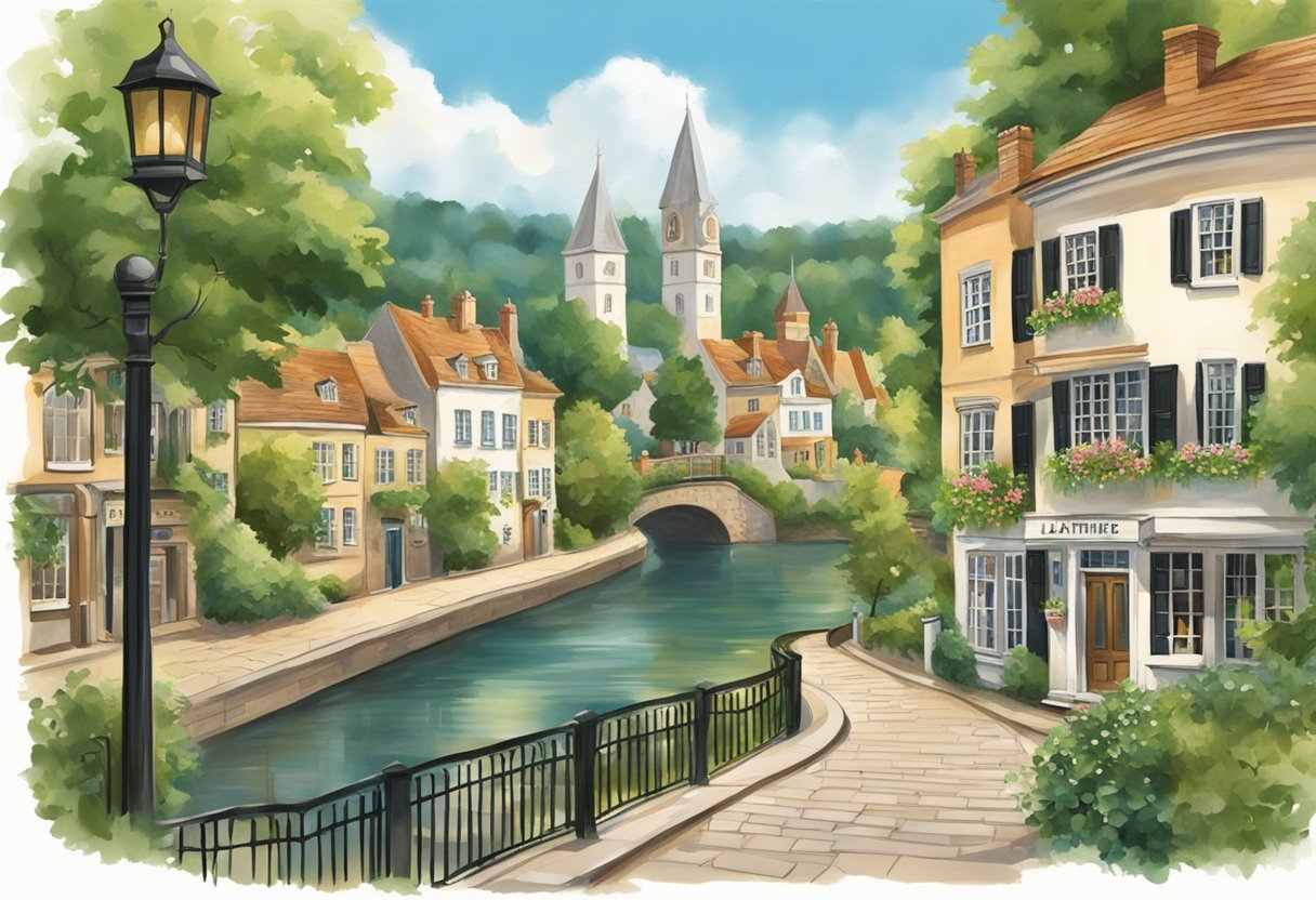 A serene river winding through the town, with lush greenery and charming architecture lining the streets. The Leatherhead sign welcoming visitors with a warm and inviting atmosphere