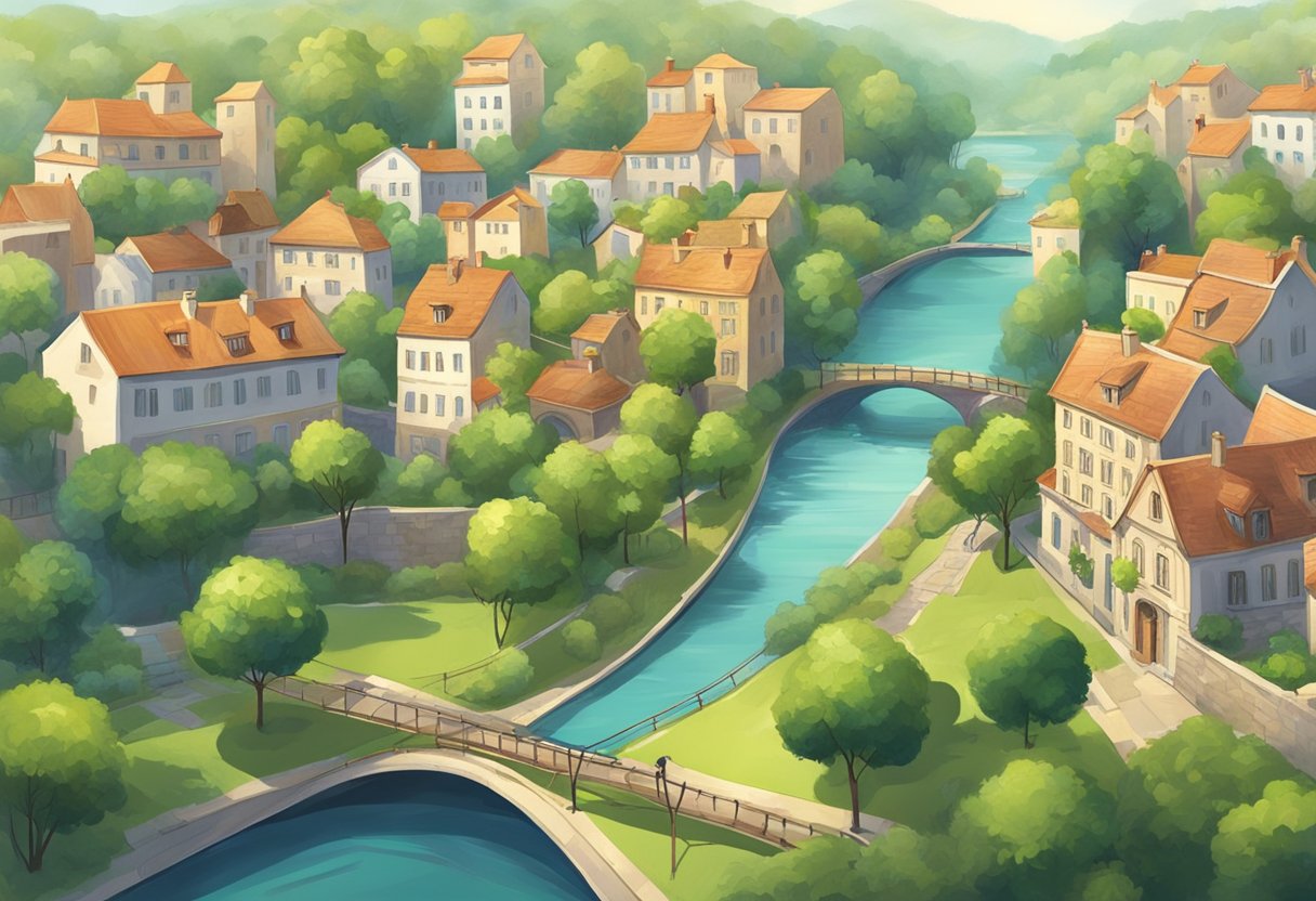 A peaceful town with green parks, cozy cafes, and friendly locals. A river flows through the center, and historic buildings line the streets