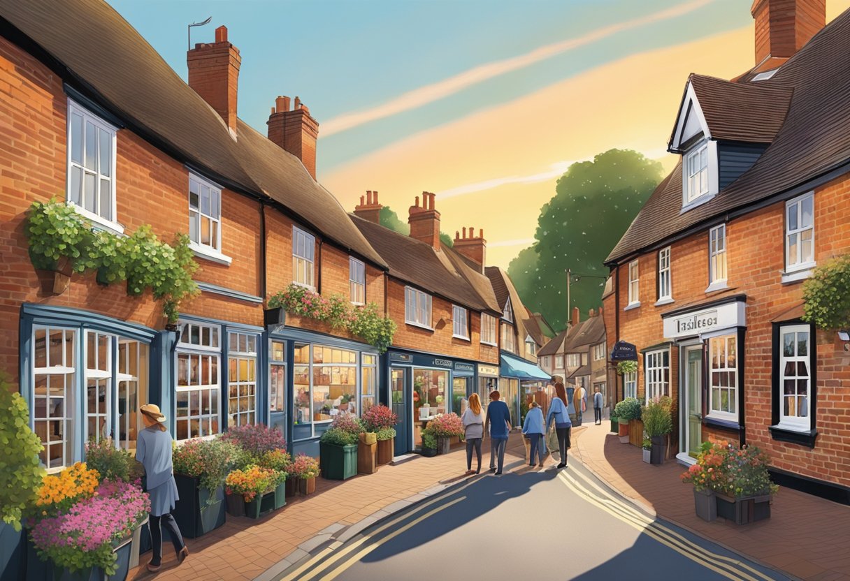 The sun sets behind a row of charming cottages in Leatherhead, with a bustling market in the foreground. The town's historic charm and vibrant community make it an ideal place to call home