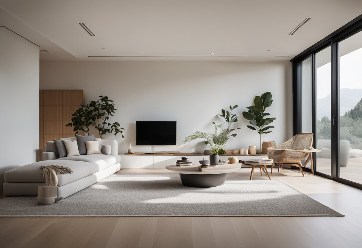 A spacious living room with clean lines, neutral colors, and minimal furniture. A large window lets in natural light, and a simple rug and a few carefully chosen decor pieces complete the serene and uncluttered space